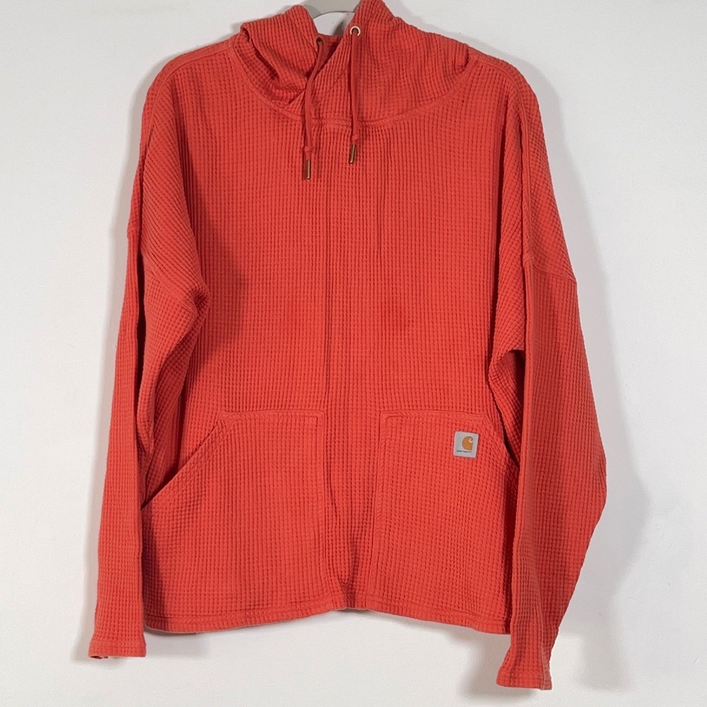 Carhartt Waffle Knit Thermal Pullover Hoodie Mens XL Orange Relaxed Fit Workwear